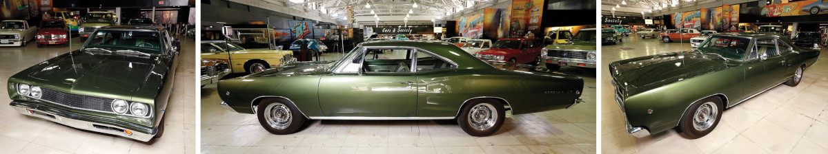 Three shots of a green car at different angles