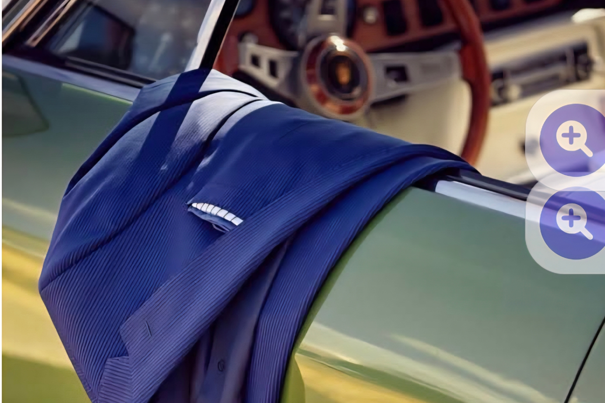 Menswear designer using our Lamborghini Islero S Verde Carabo to market their menswear.