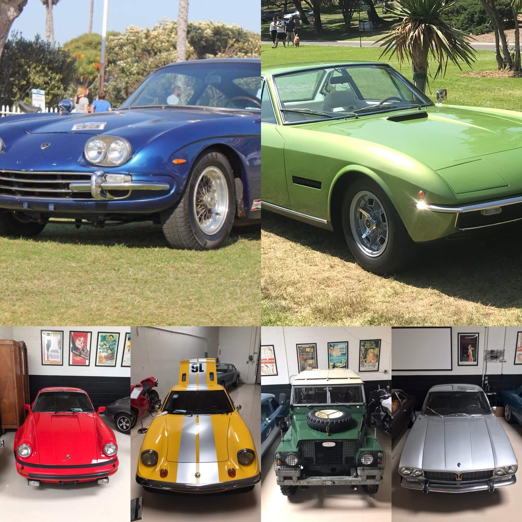 Collage of 1969 Lamborghini Islero S, 1966 Lamborghini 400, 1978 Landover Series 3, 1979 Porsche 930 Turbo, 1973 Lotus Europa, 1967 Maserati Mexico